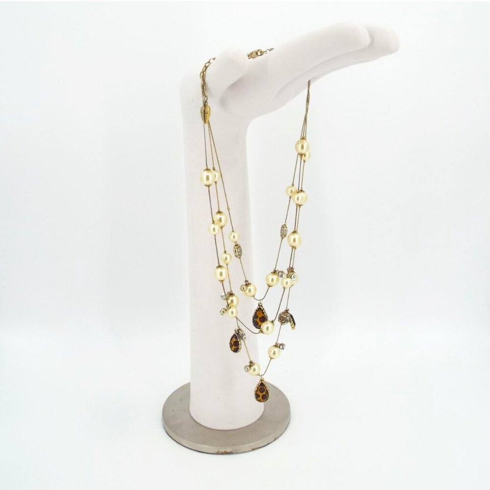 Betsey Johnson Triple Strand Necklace Faux Pearls Animal Print Rhinestone